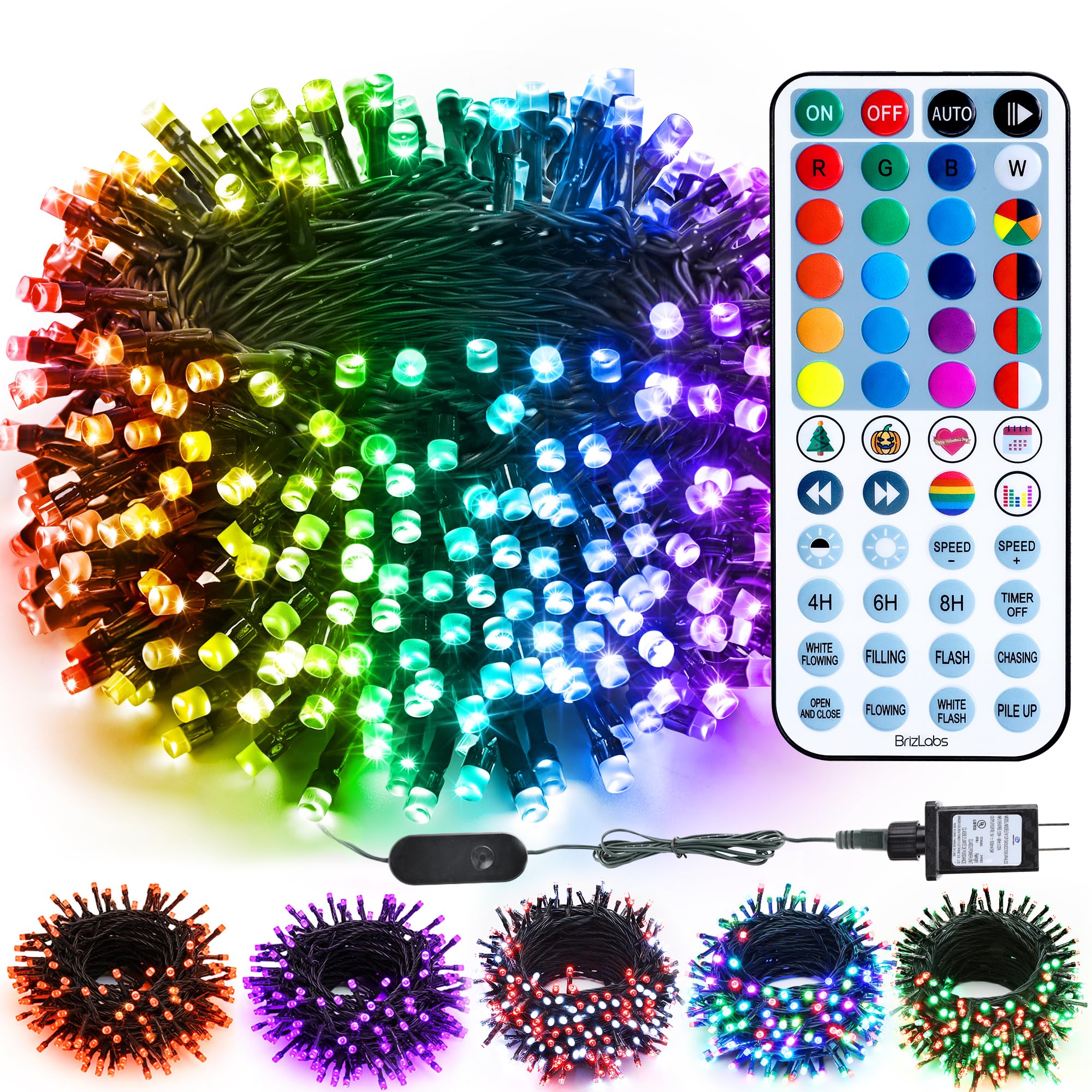 BrizLabs RGB Christmas Lights, 33FT 100 LED Color Changing String Lights with Remote, Dimmable Mini Xmas Light, USB Decorative Light String for Xmas Halloween Mardi Gras Tree Holidays Party Decor